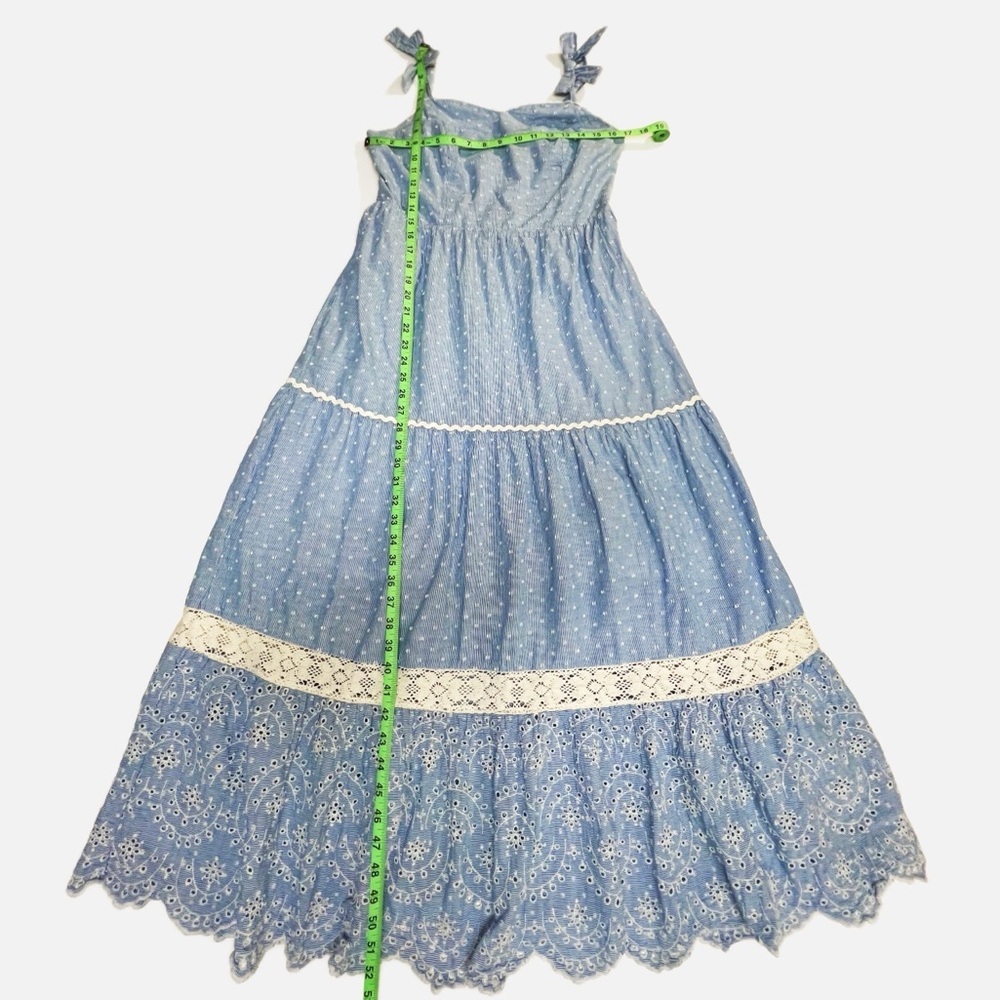 Shabby Chic Blue White Cotton Boho Sundress Tie Strap Tiered Embroidered size 10 - Picture 5 of 10